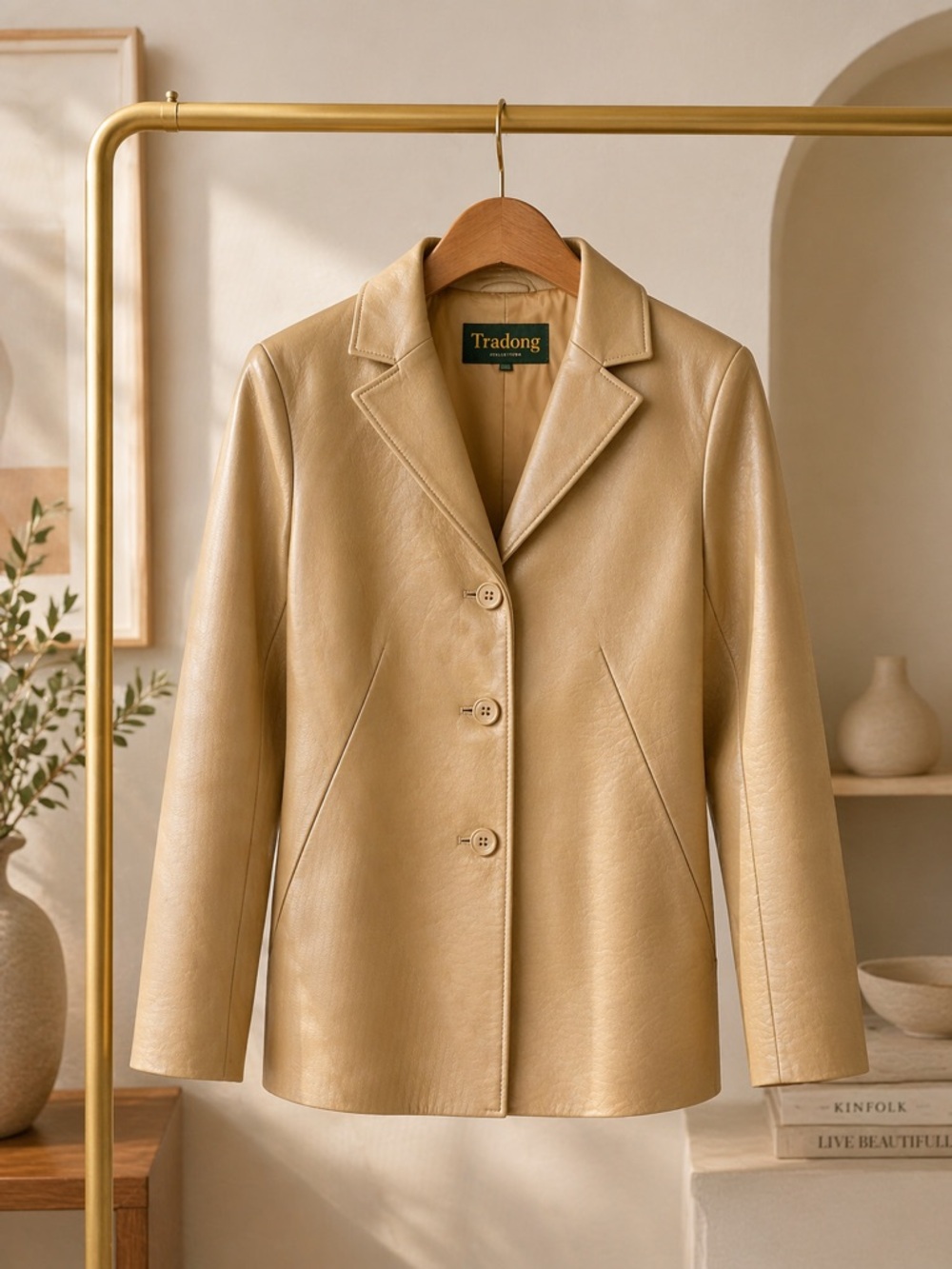 Tan Leather Blazer XS Genuine Lambskin Tailored Minimal Classic Jacket - Picture 5 of 8